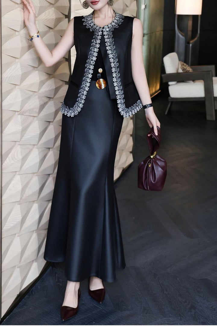 sleeveless tailored dress with embellished open-front vest – DARIYAH