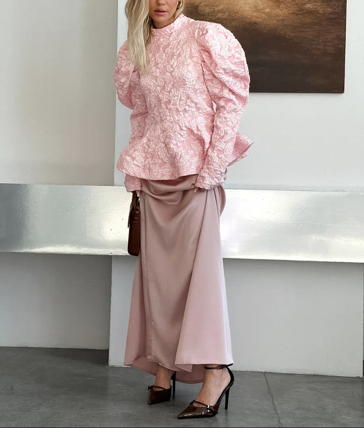 textured peplum blouse with sculpted puff sleeves – OPHELIA