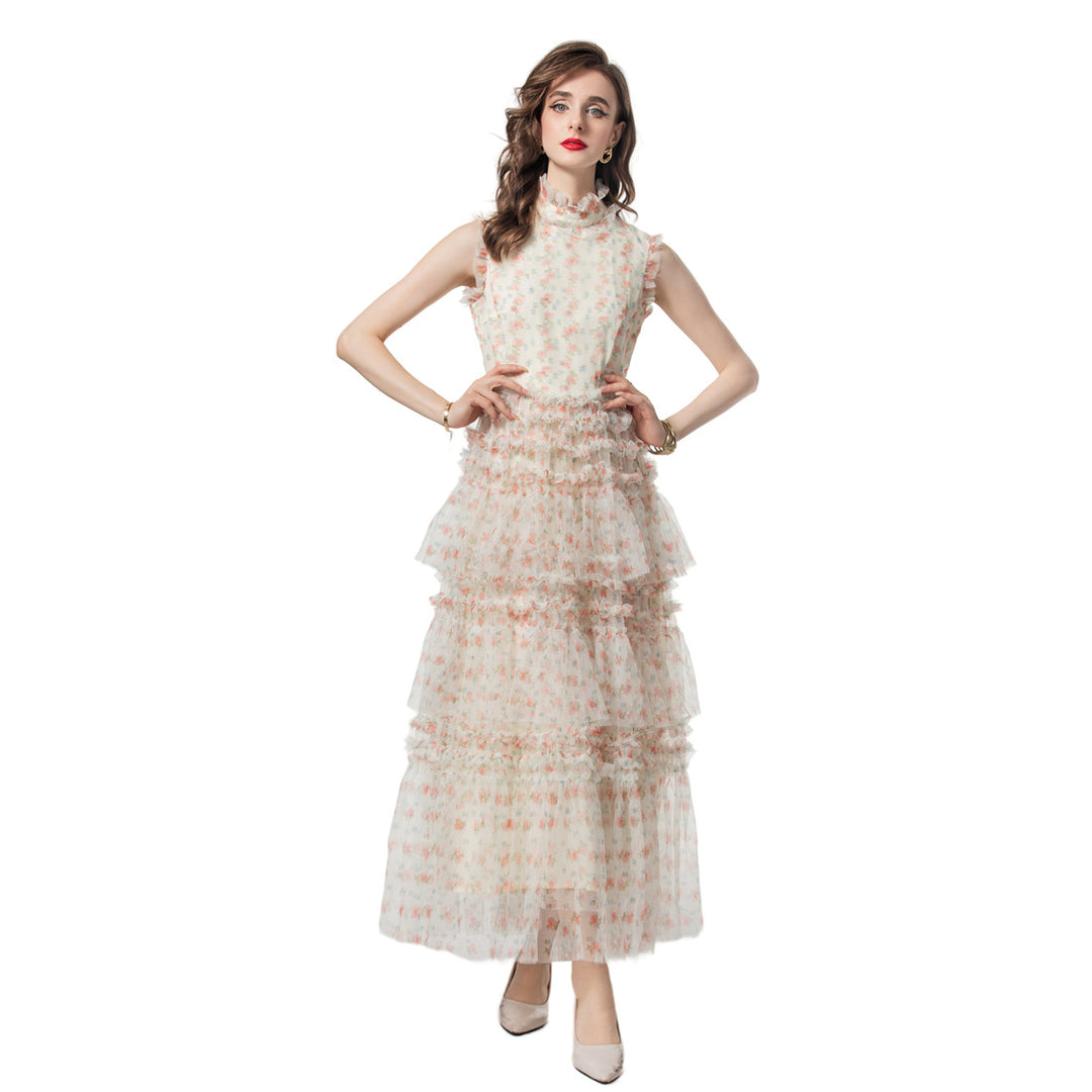 فستان تول مزهر بدون أكمام مع كشكشة متعددة الطبقات – أوريليا