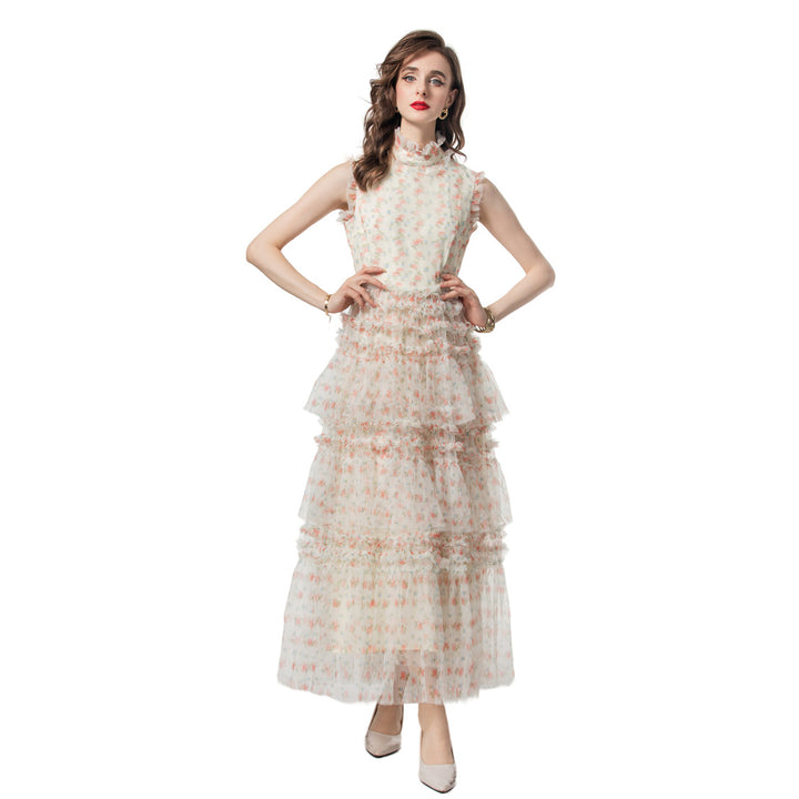 فستان تول مزهر بدون أكمام مع كشكشة متعددة الطبقات – أوريليا