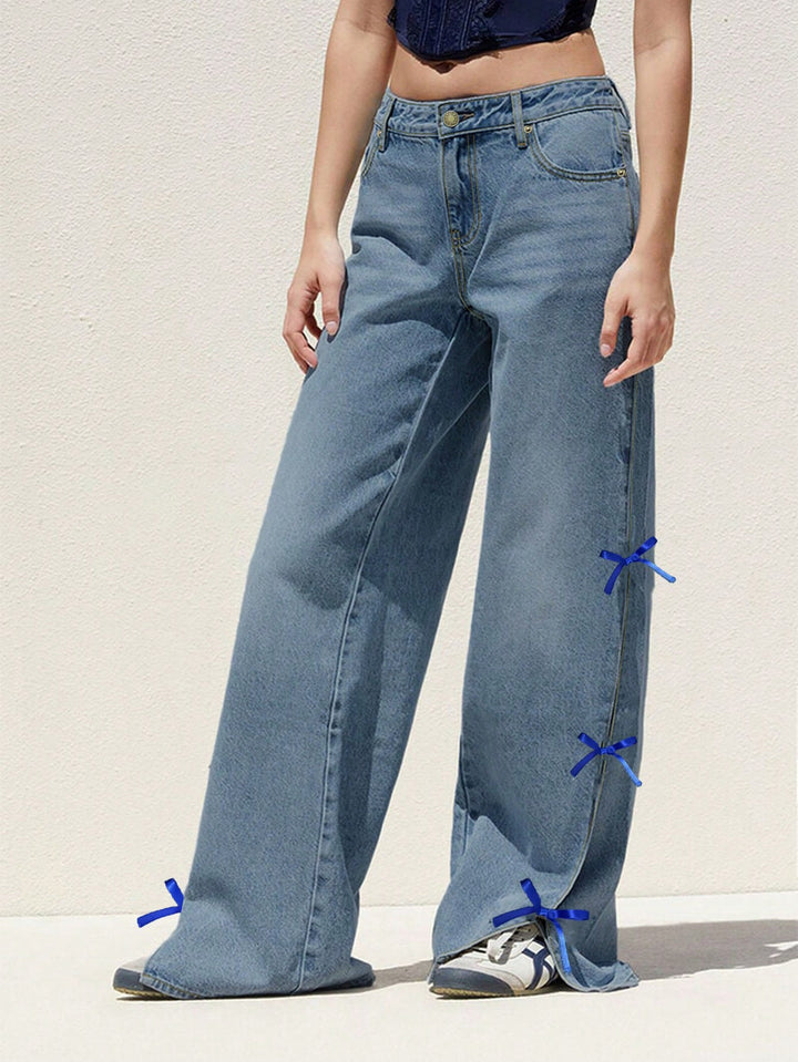 wide-leg denim pants with bow accents – AZURANDI