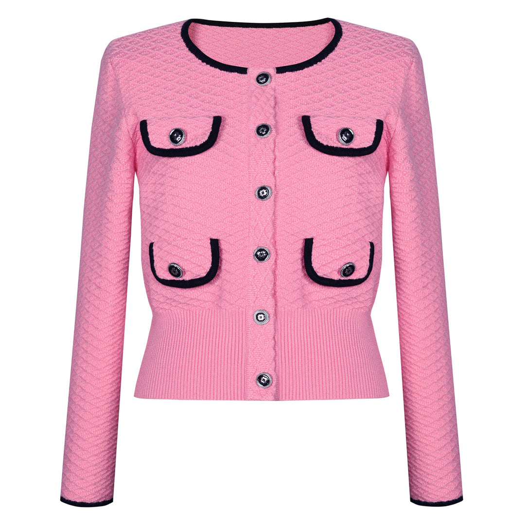 two-piece knit set with contrast trim and button details – CAMILLER