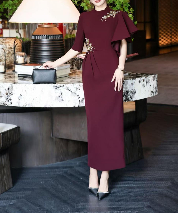 asymmetric sleeve gown with gold floral embellishments – RIVERA