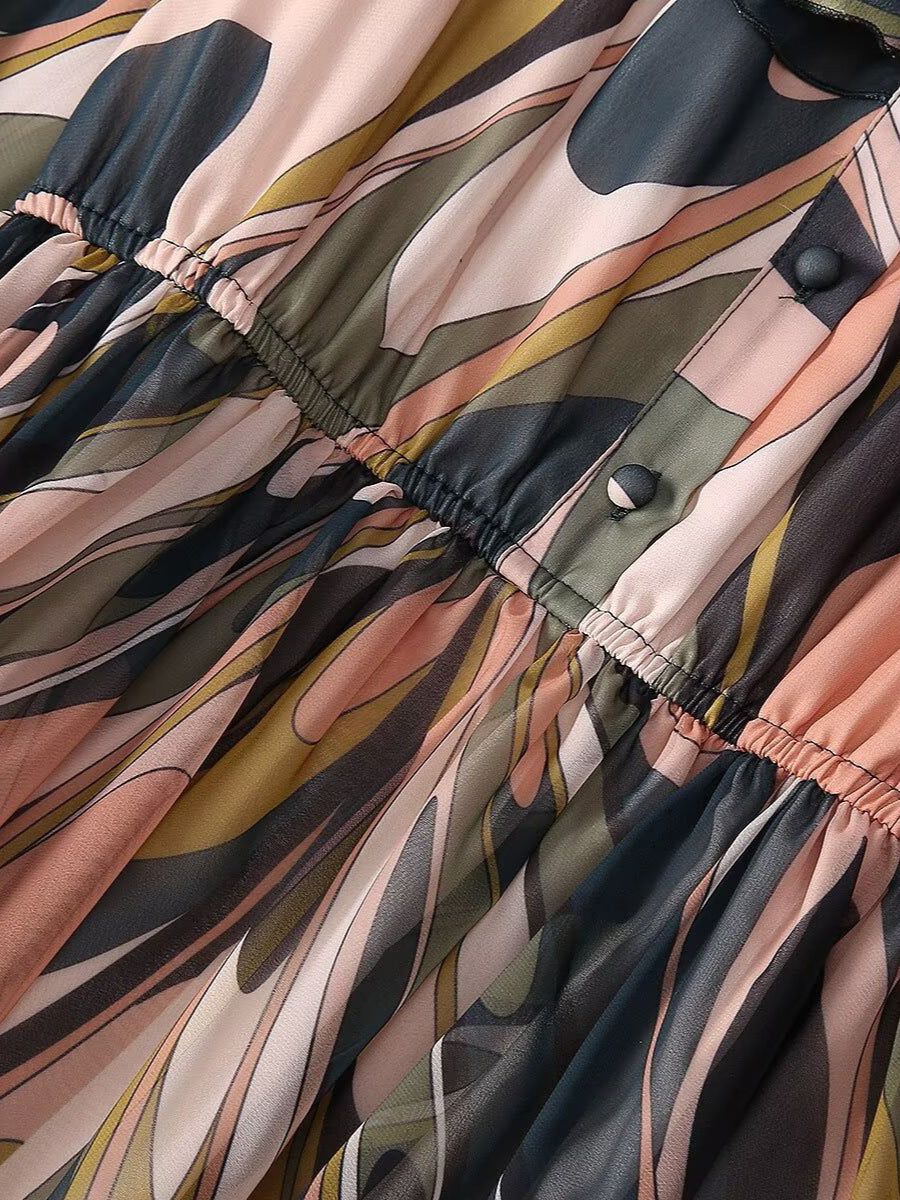 فستان ماكسي شيفون مطبوع مع رقبة مكشكشة – إيلورا