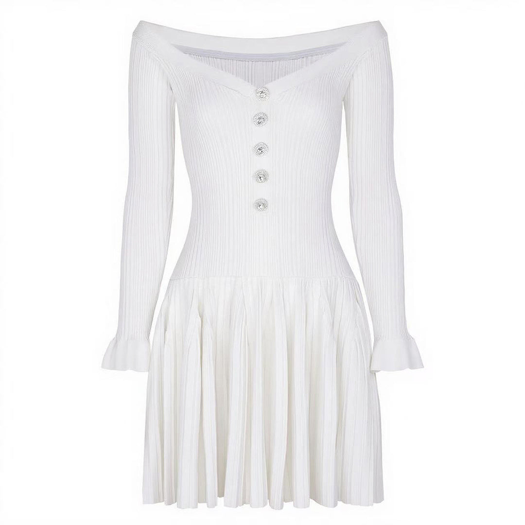 off-shoulder pleated mini dress with button detail – ELARANZI