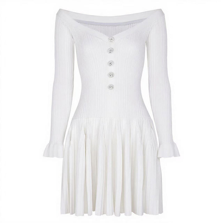 off-shoulder pleated mini dress with button detail – ELARANZI