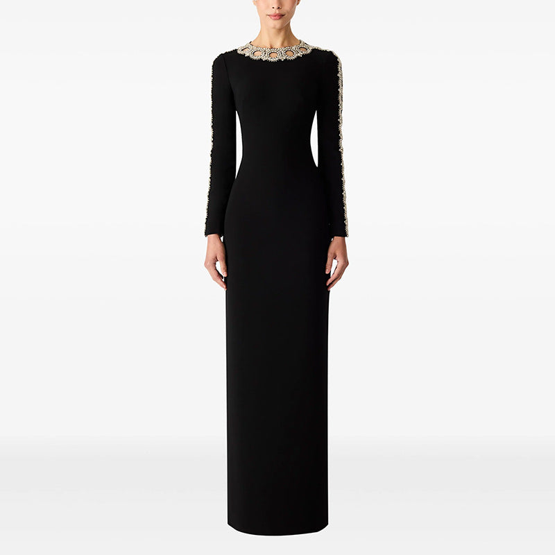 long-sleeve column dress with embellished neckline – AUREANU