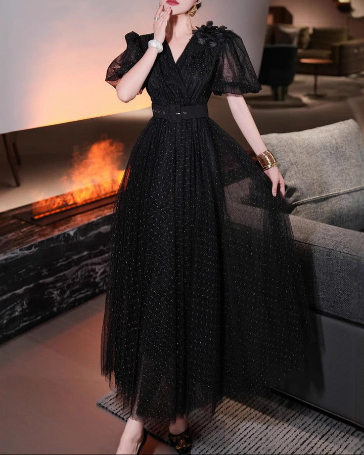 فستان ملفوف من التول بحزام وأكمام منفوخة – إسمي