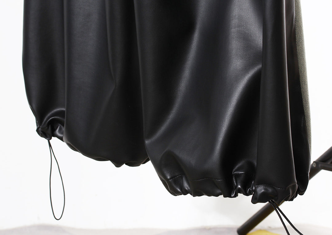 two-tone wide-leg denim pants with faux leather panels – NOIR