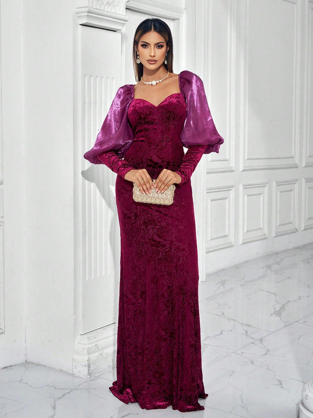velvet floral gown with puff satin sleeves – AMARALI