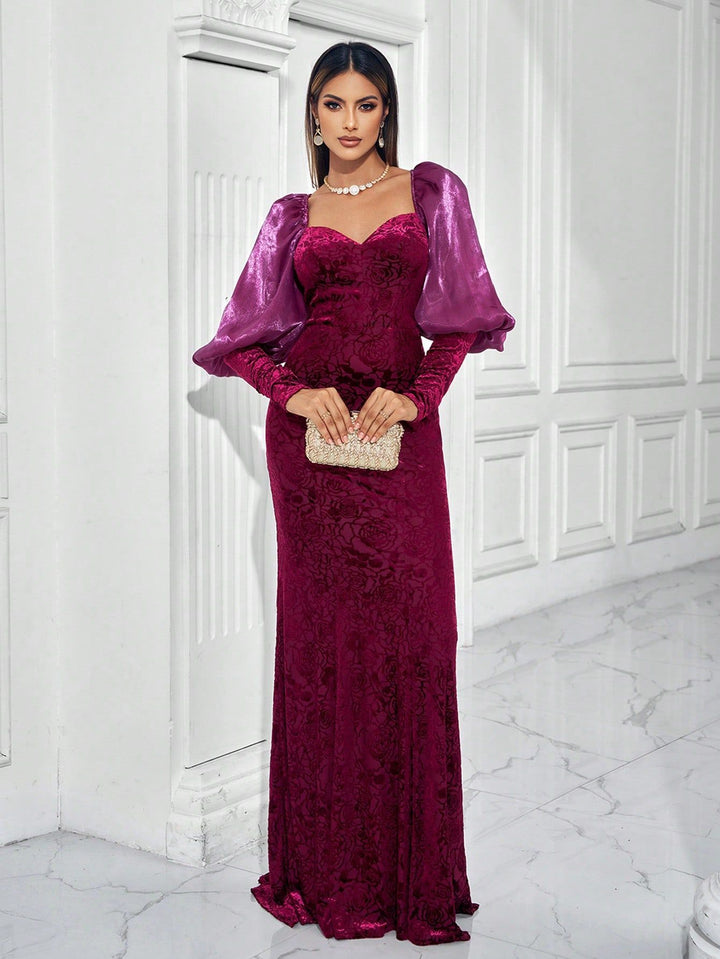 velvet floral gown with puff satin sleeves – AMARALI