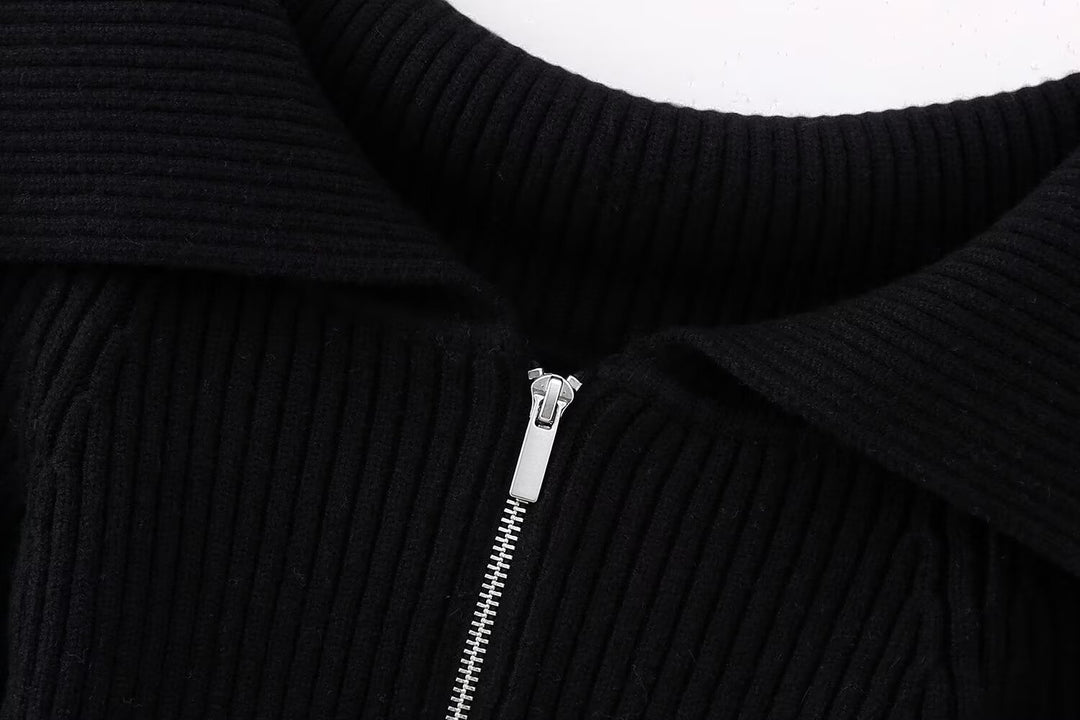 جاكيت محبوك مضلع مكشوف الكتفين بسحاب أمامي – ليكساني