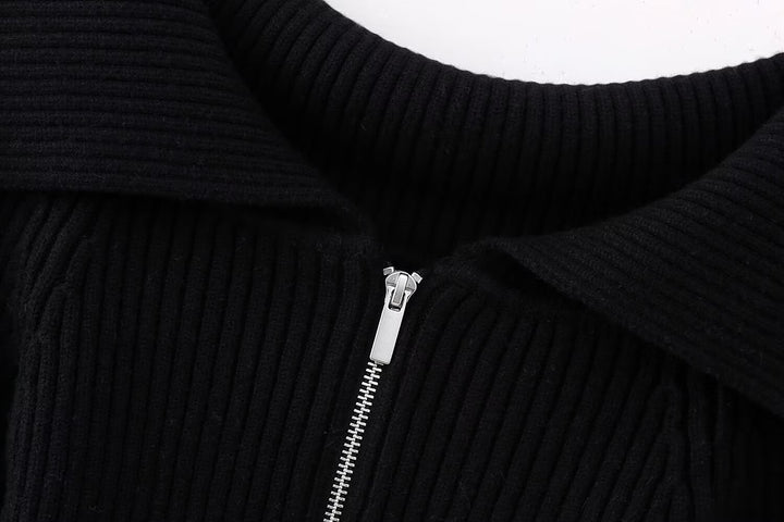 جاكيت محبوك مضلع مكشوف الكتفين بسحاب أمامي – ليكساني