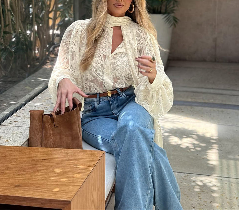 lace blouse with long scarf tie – AMORE