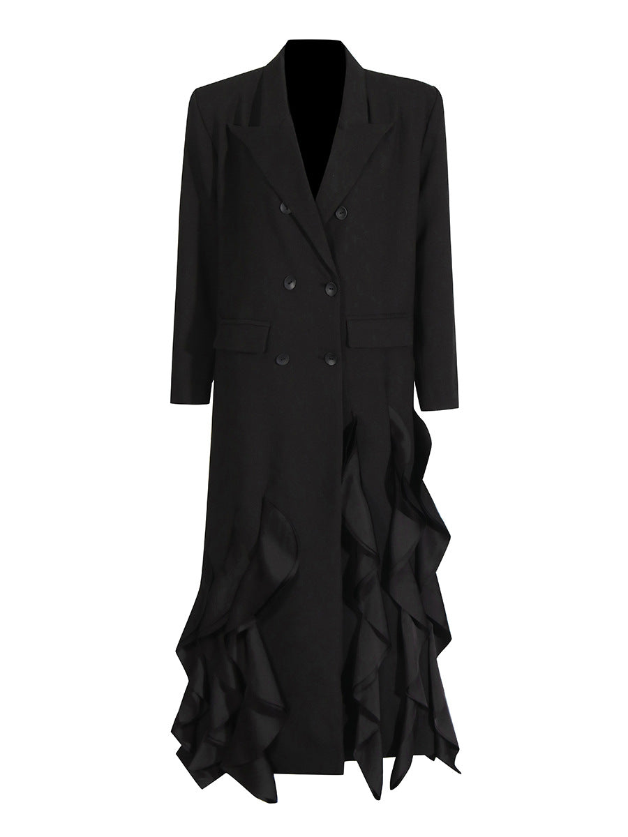 double-breasted long coat with cascading ruffles – TERELA