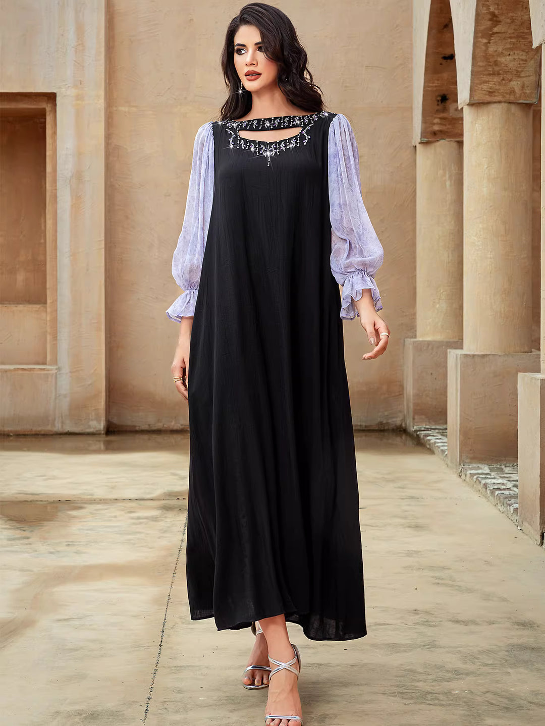 Elegant Black Maxi Dress with Sheer Puff Sleeves – ELENORA