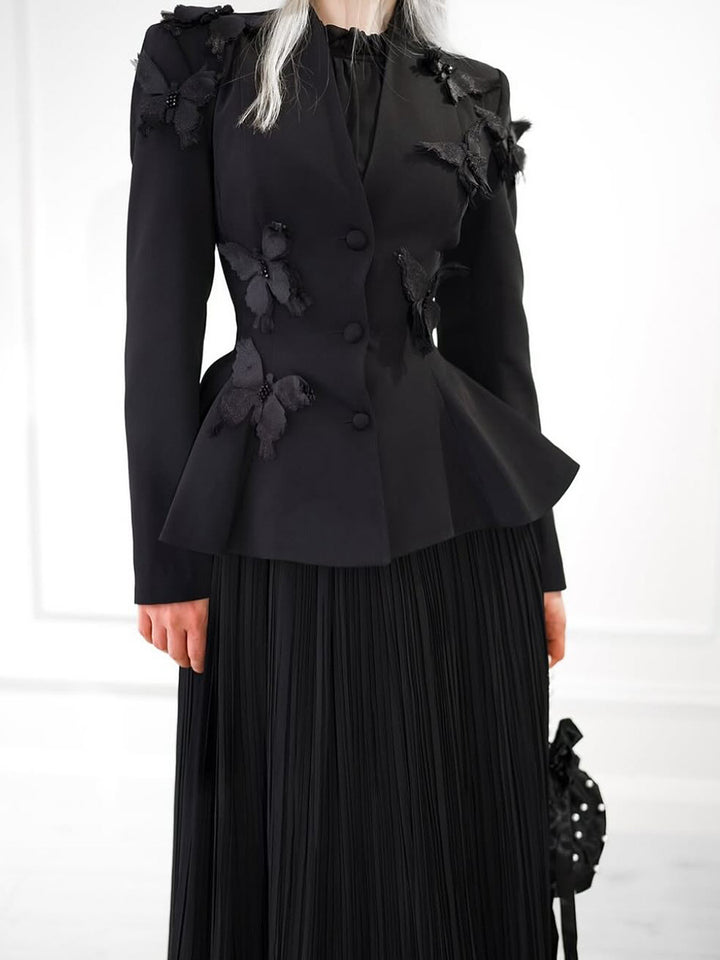 pleated maxi skirt with 3D butterfly blazer – AZURE