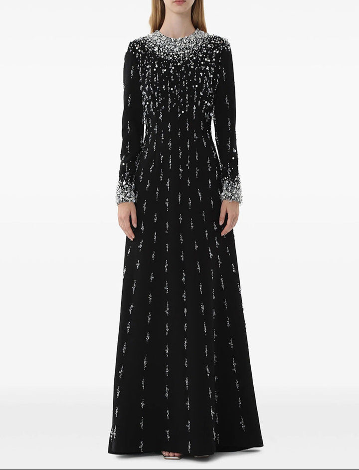 long-sleeve embellished gown with sequin gradient neckline - AMARA