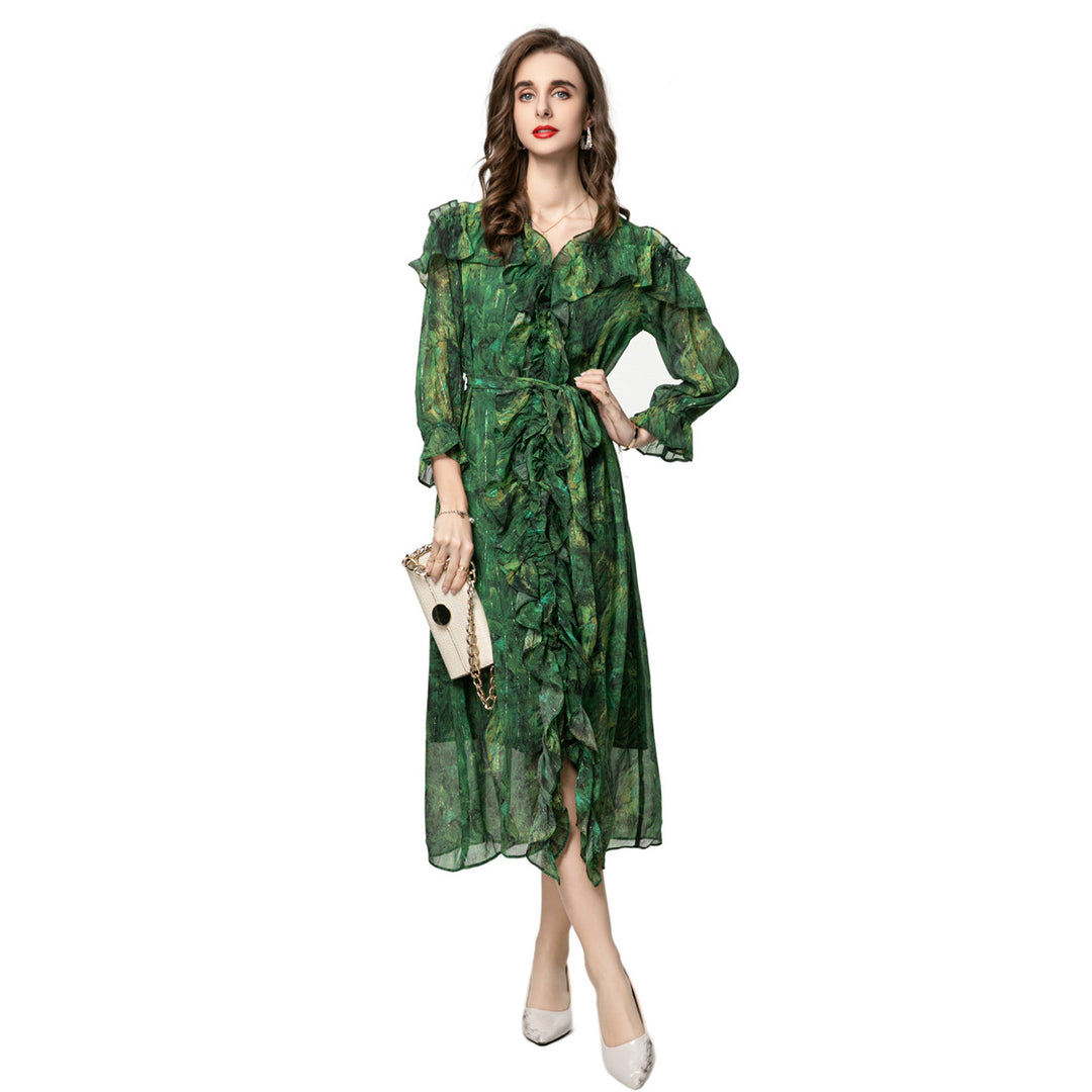 فستان شيفون ملفوف متوسط ​​الطول مع حواف مكشكشة – إيميرالد ويسبر