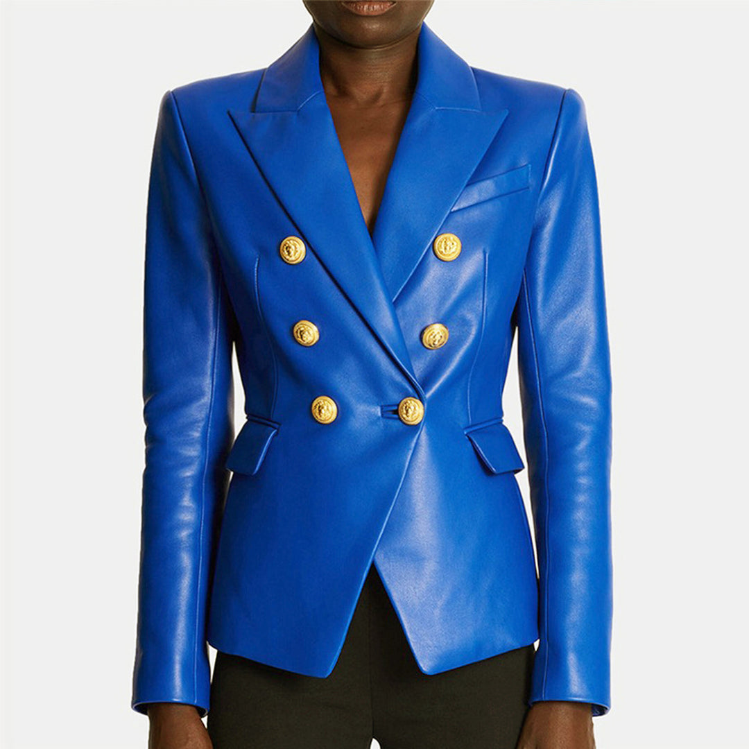 double-breasted leather jacket with gold buttons – AURORANA