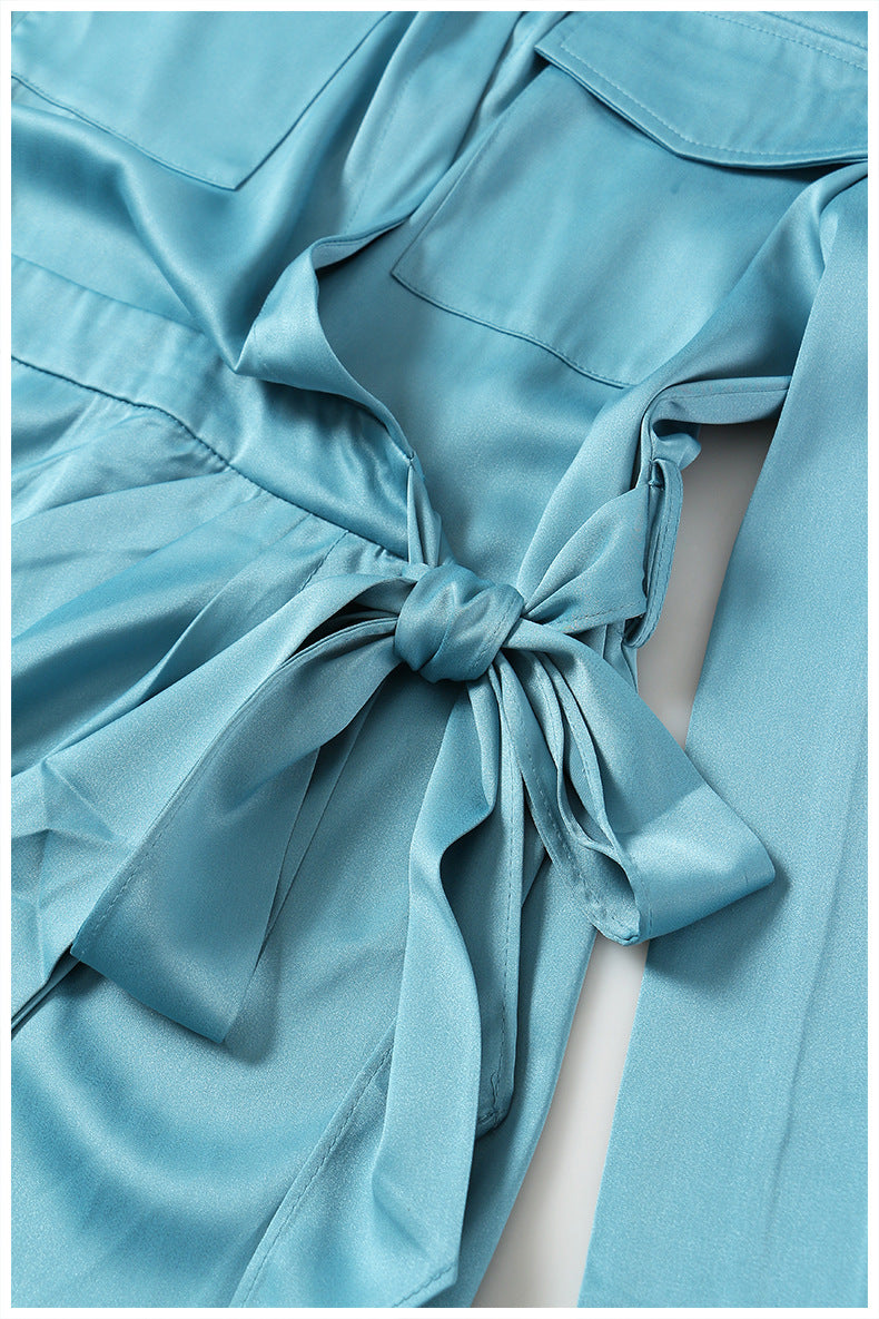 satin wrap shirt dress with utility pockets – IRIS