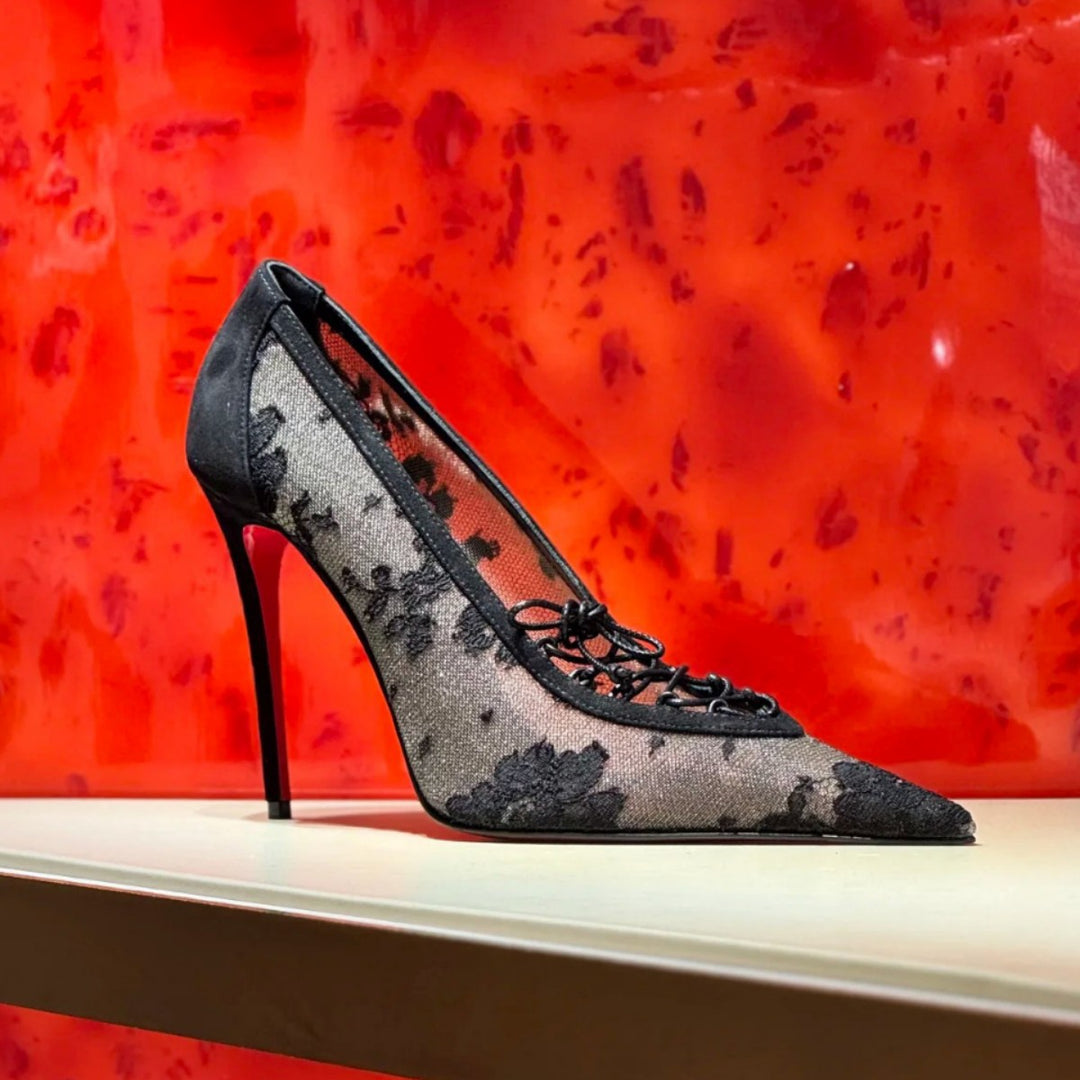 lace mesh pointed-toe heels with tie detail – NOIRITVU