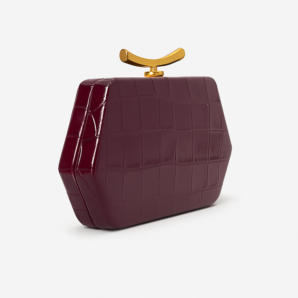 croc-embossed geometric clutch with gold bar clasp – ALESSIA
