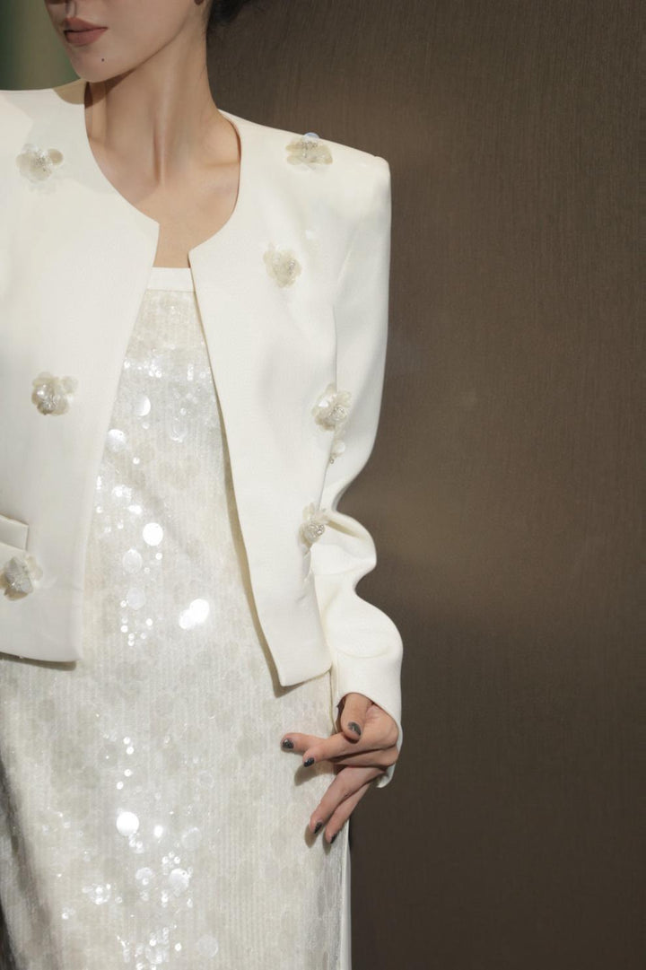 فستان عمودي بدون أكمام مزين بالترتر مع سترة قصيرة مزينة – أورورا