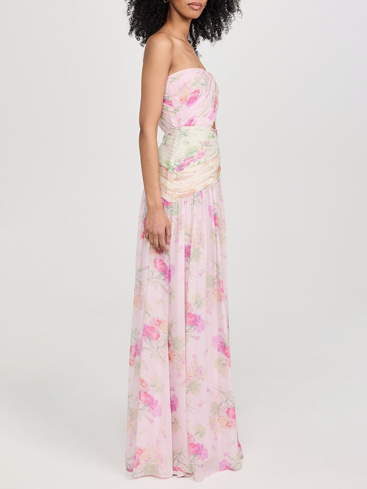 فستان شيفون بدون حمالات بطبعة زهور باستيلية – أميلييتري