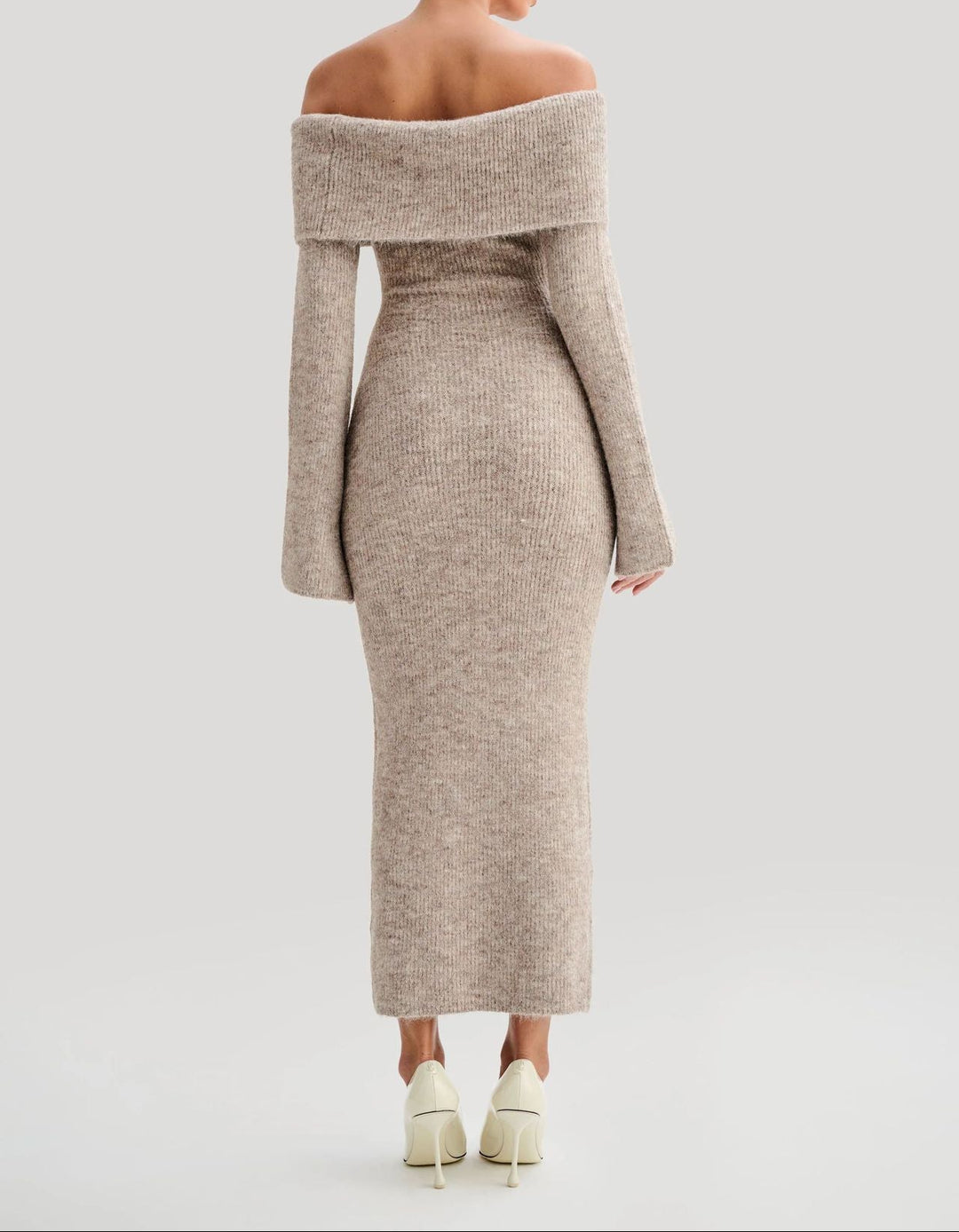 off-shoulder knit bodycon dress with front clasp – MAELLE