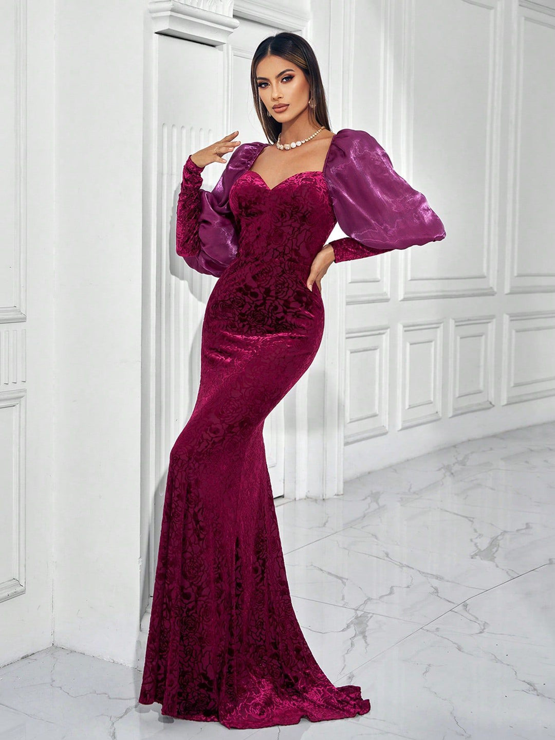 velvet floral gown with puff satin sleeves – AMARALI