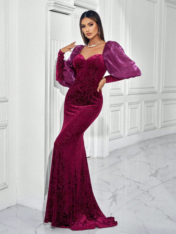 velvet floral gown with puff satin sleeves – AMARALI