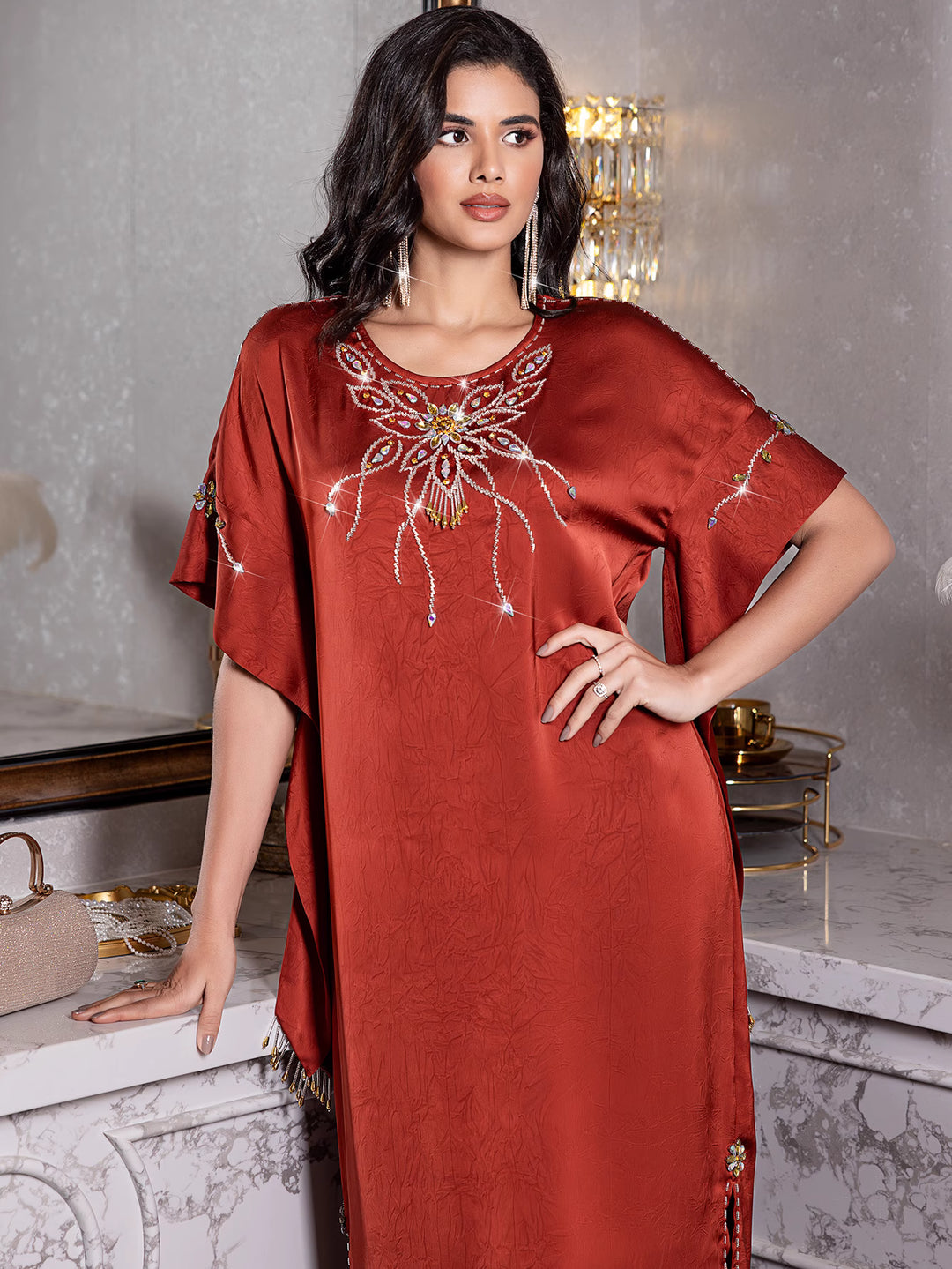 short-sleeve satin dress with embellished neckline - ZARAZLU