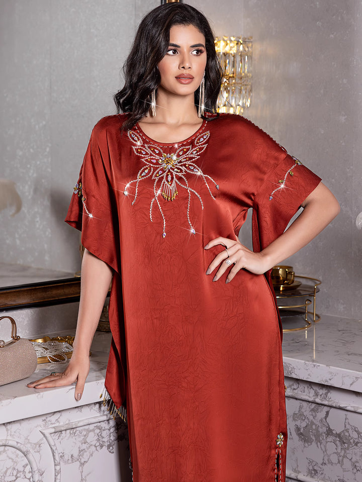 short-sleeve satin dress with embellished neckline - ZARAZLU