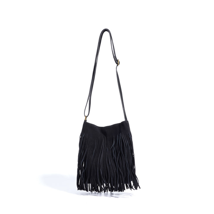 fringed suede shoulder bag with boho details - ZARAXWI