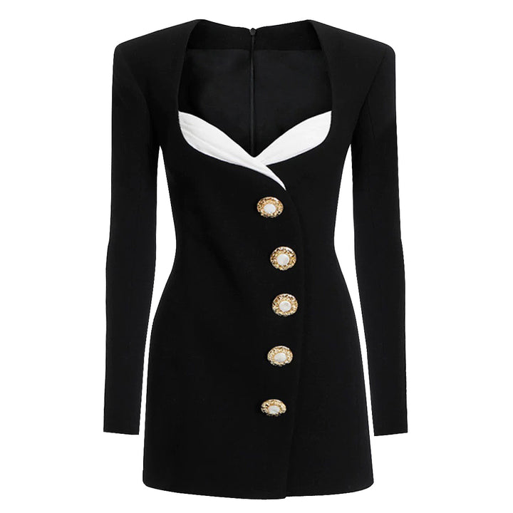 فستان قصير بأكمام طويلة وفتحة رقبة متباينة وأزرار لؤلؤية – سيرينانفو