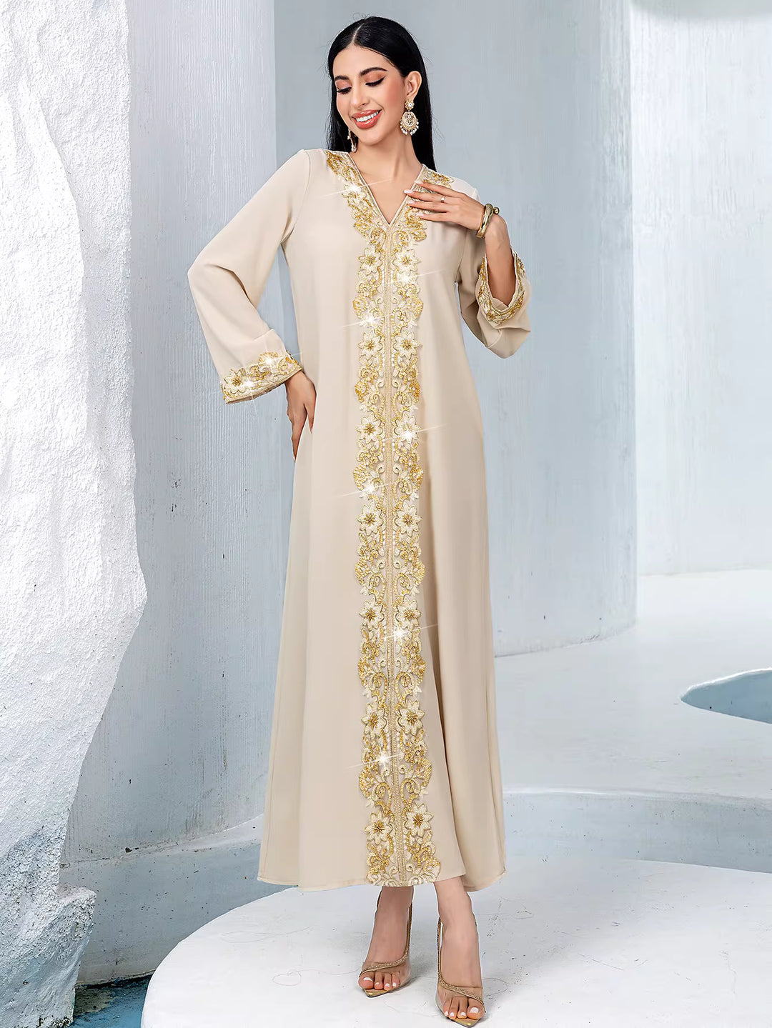 embroidered V-neck long abaya with waist belt – AURELIA