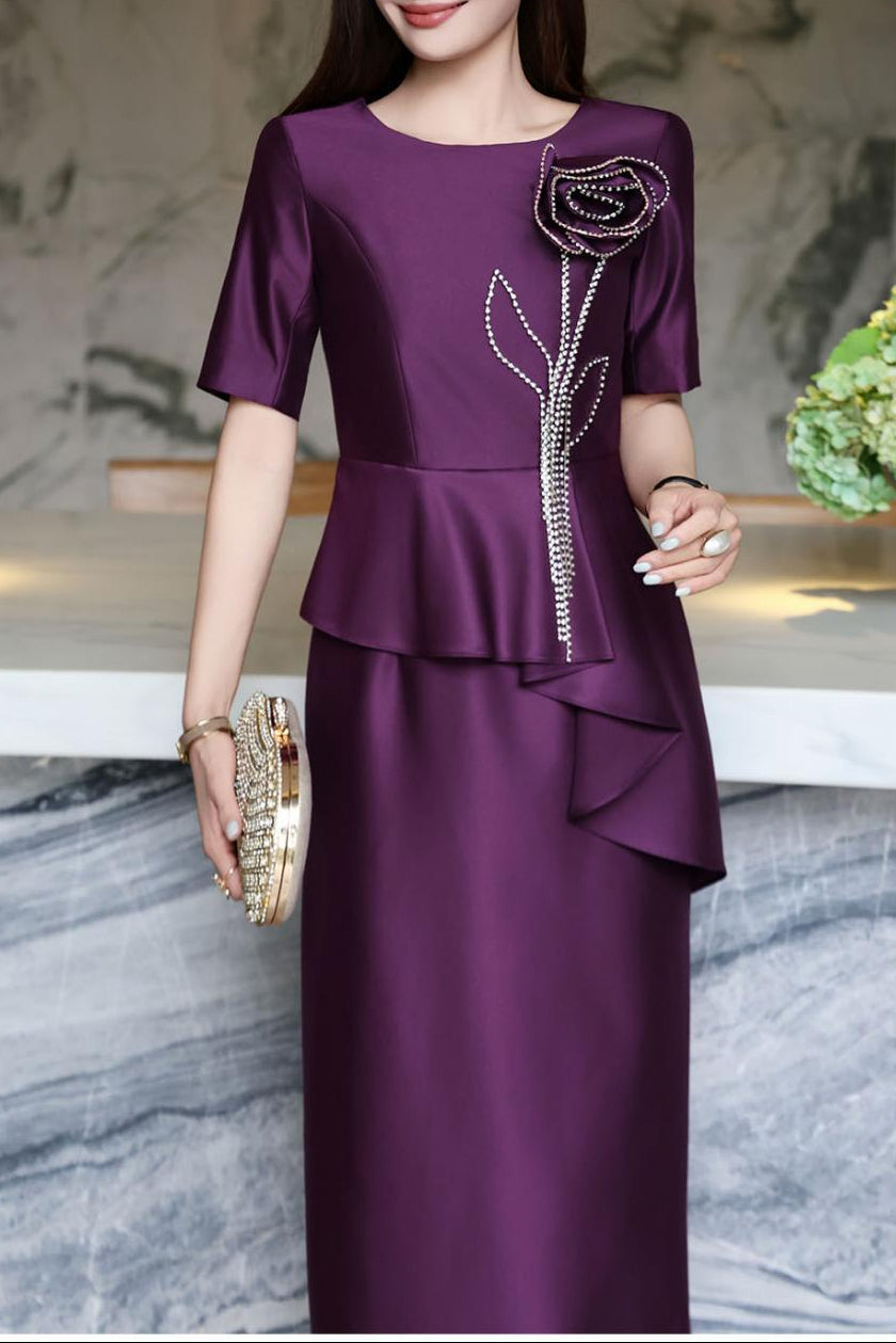 peplum midi dress with beaded floral applique – ASTRID