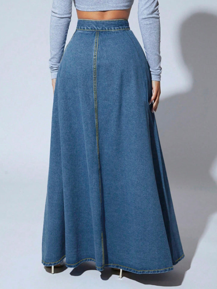 high-waist flared denim maxi skirt with front buttons – MAYA