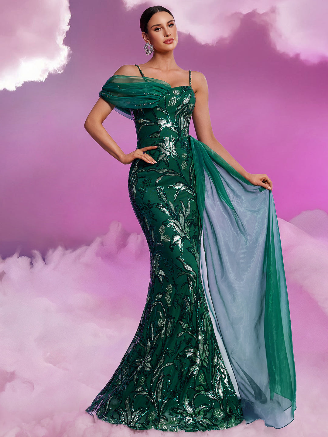 فستان حورية البحر مطرز بكتف واحد مع ثنيات من الشيفون - حلم