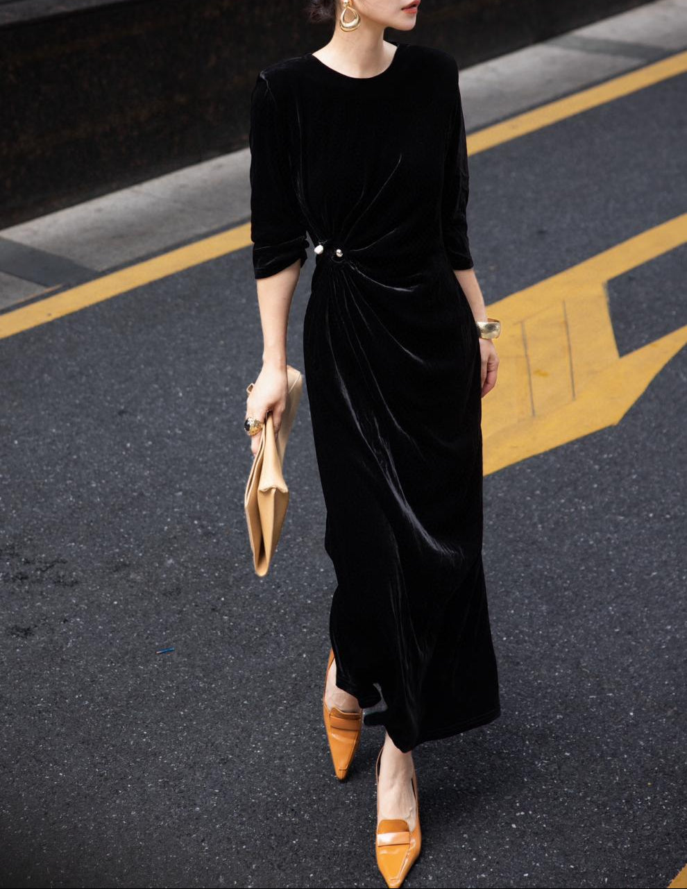 velvet draped column dress with side twist – MIDNIGHT