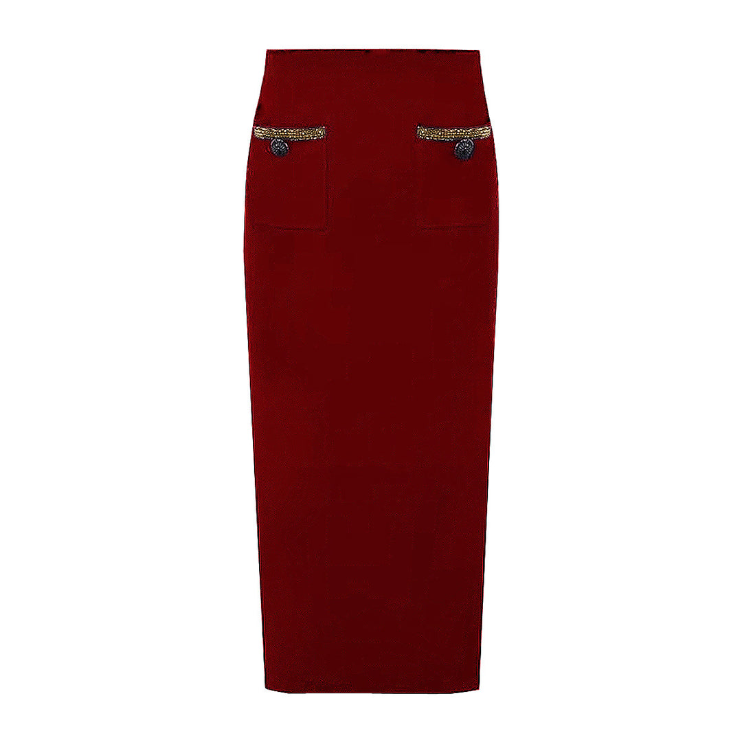 long-sleeve tweed jacket and pencil skirt set with metallic trim - NOVADRO