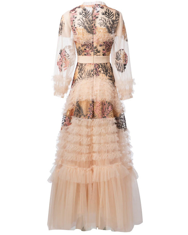 long-sleeve tulle gown with floral embroidery - MARINADI