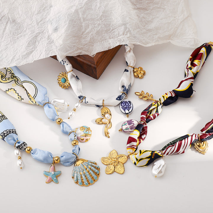 silk scarf necklace with charm pendants – SELENEVRI