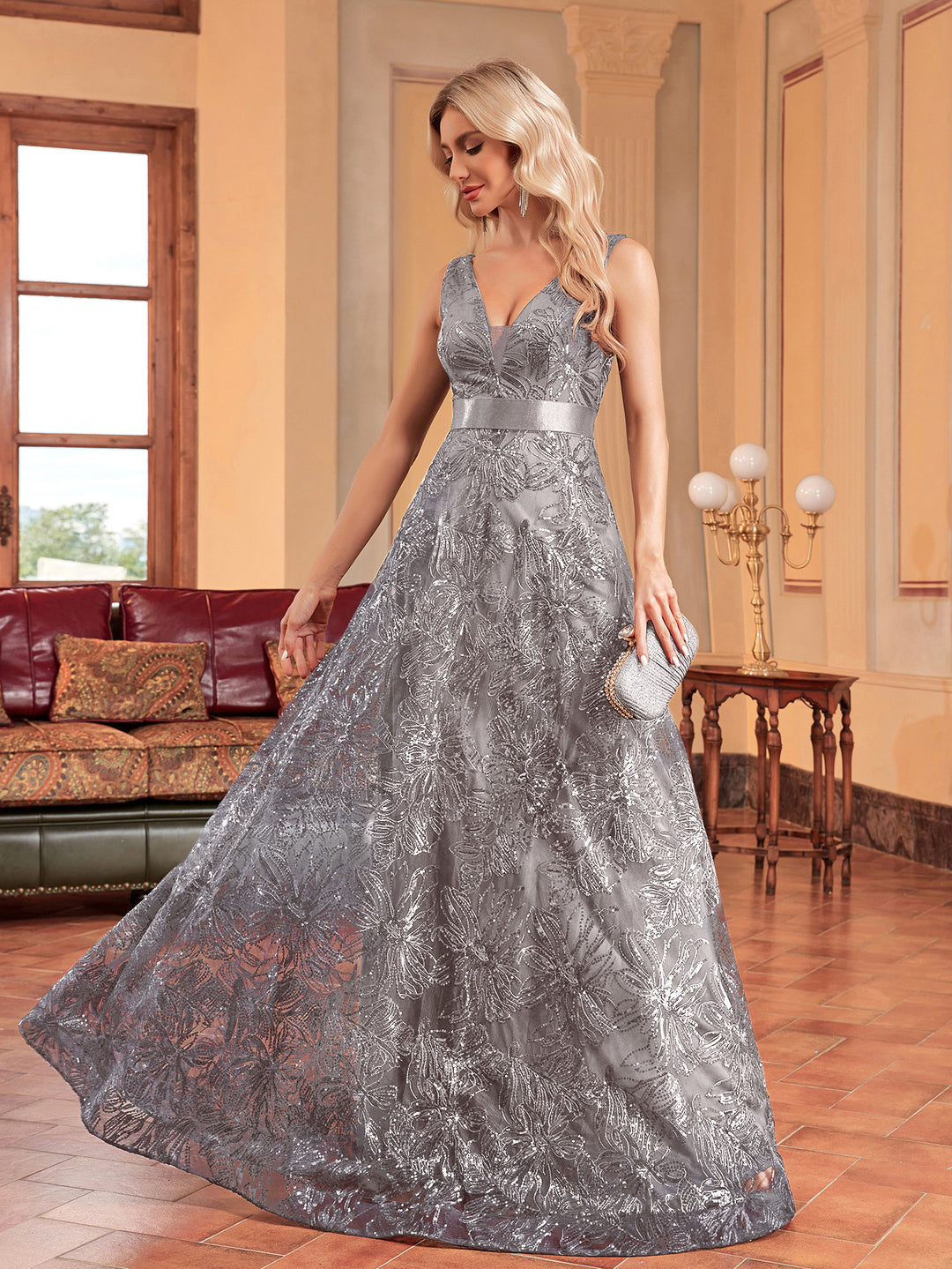 sleeveless V-neck sequin gown with satin waistband – CELESTE