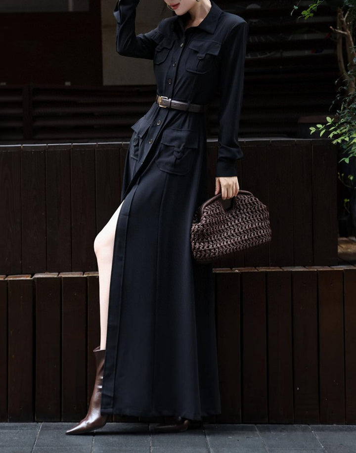 button-down military maxi dress with belted waist – NOIRE