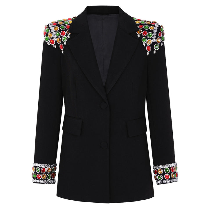 tailored blazer with multicolor jeweled cuffs and shoulders - RUBINAXA