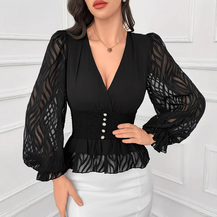 V-neck blouse with sheer textured sleeves – NOIRIA