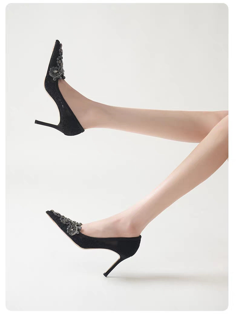 lace stiletto heels with embellished pointed toe – AMASATI