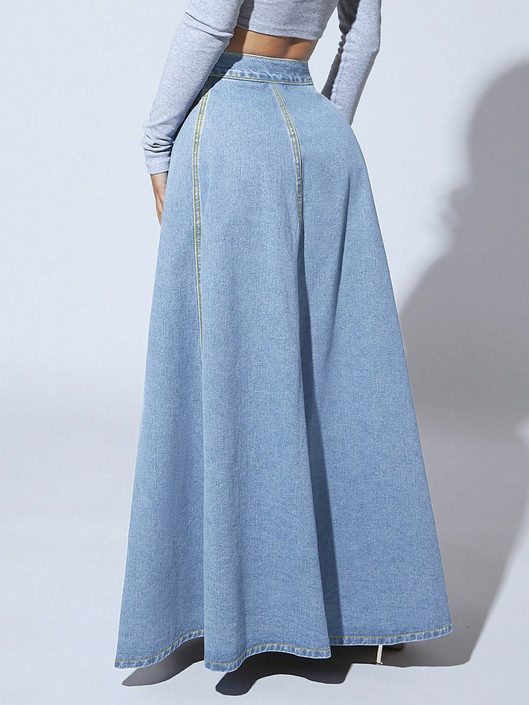 high-waist flared denim maxi skirt with front buttons – MAYA